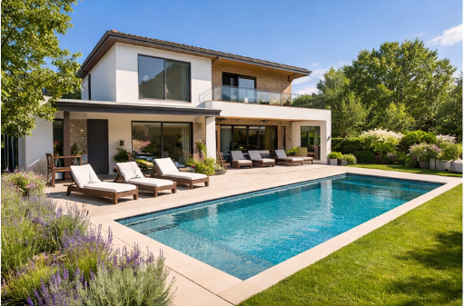 Pisciniste sur Mâcon a réalisé une piscine rectangulaire de 10 m x 5 m situé à Charnay-Les-Mâcon